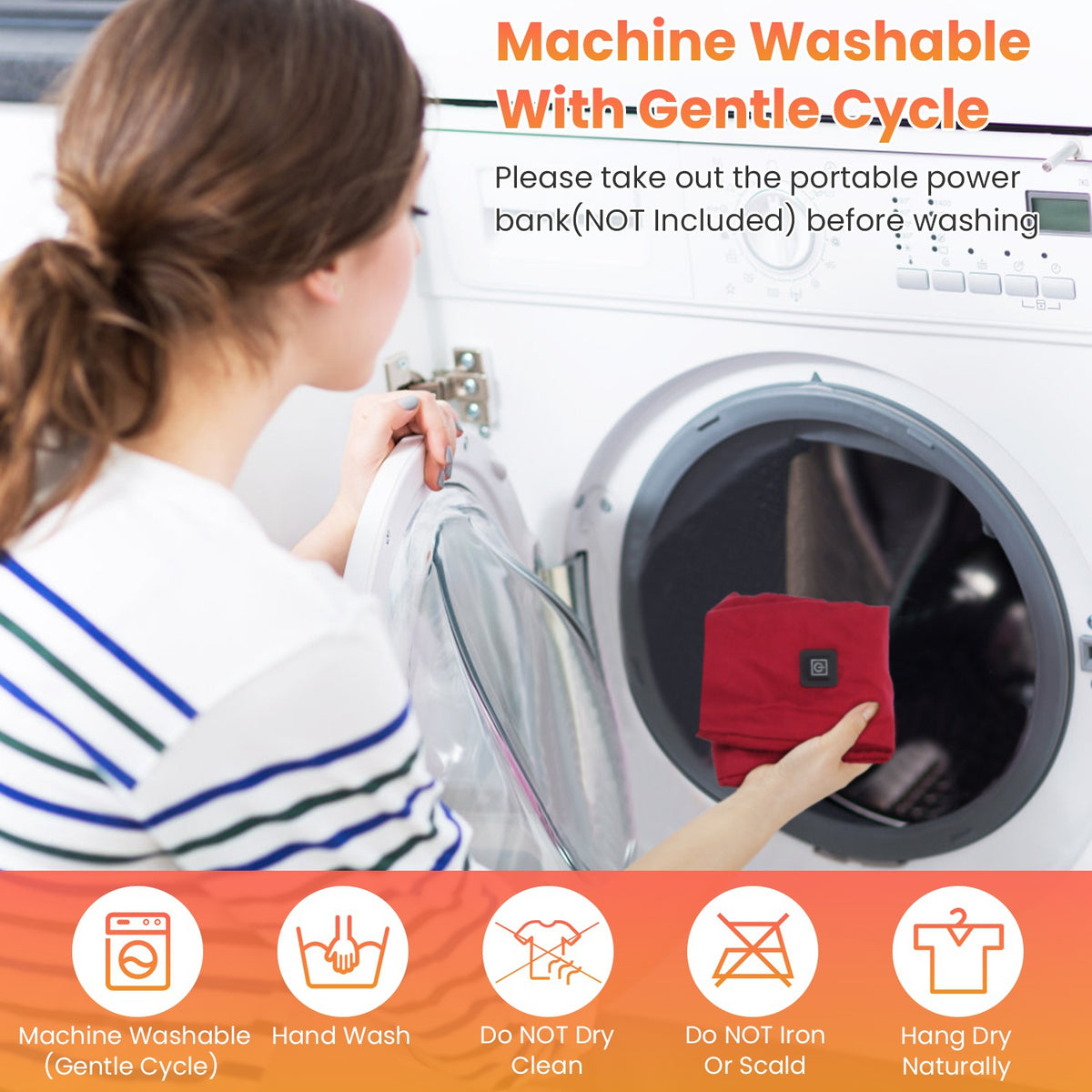 Heated scarf is machine washable on gentle cycle; remove power bank first