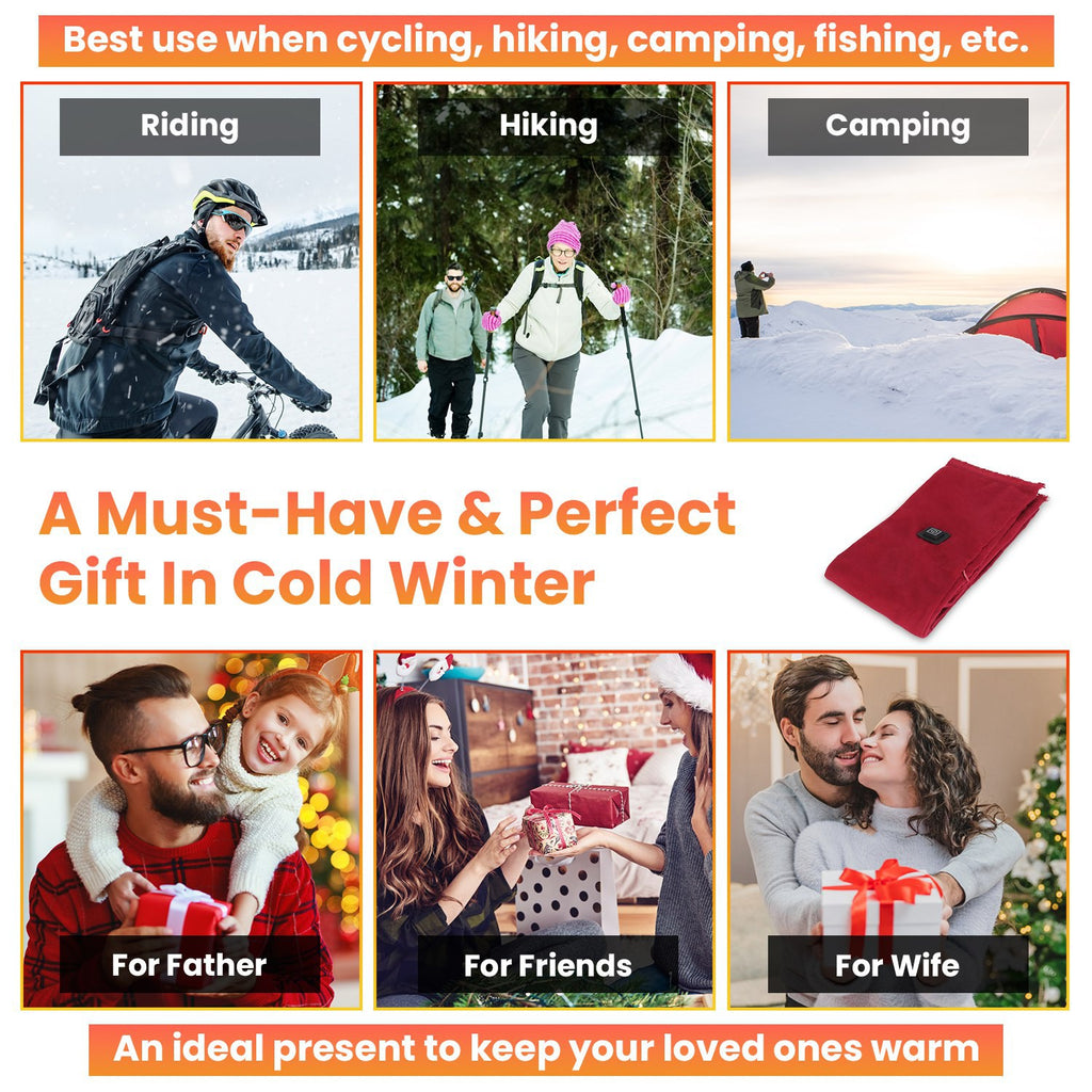 Heated scarf for cycling, hiking, camping and as a winter gift
