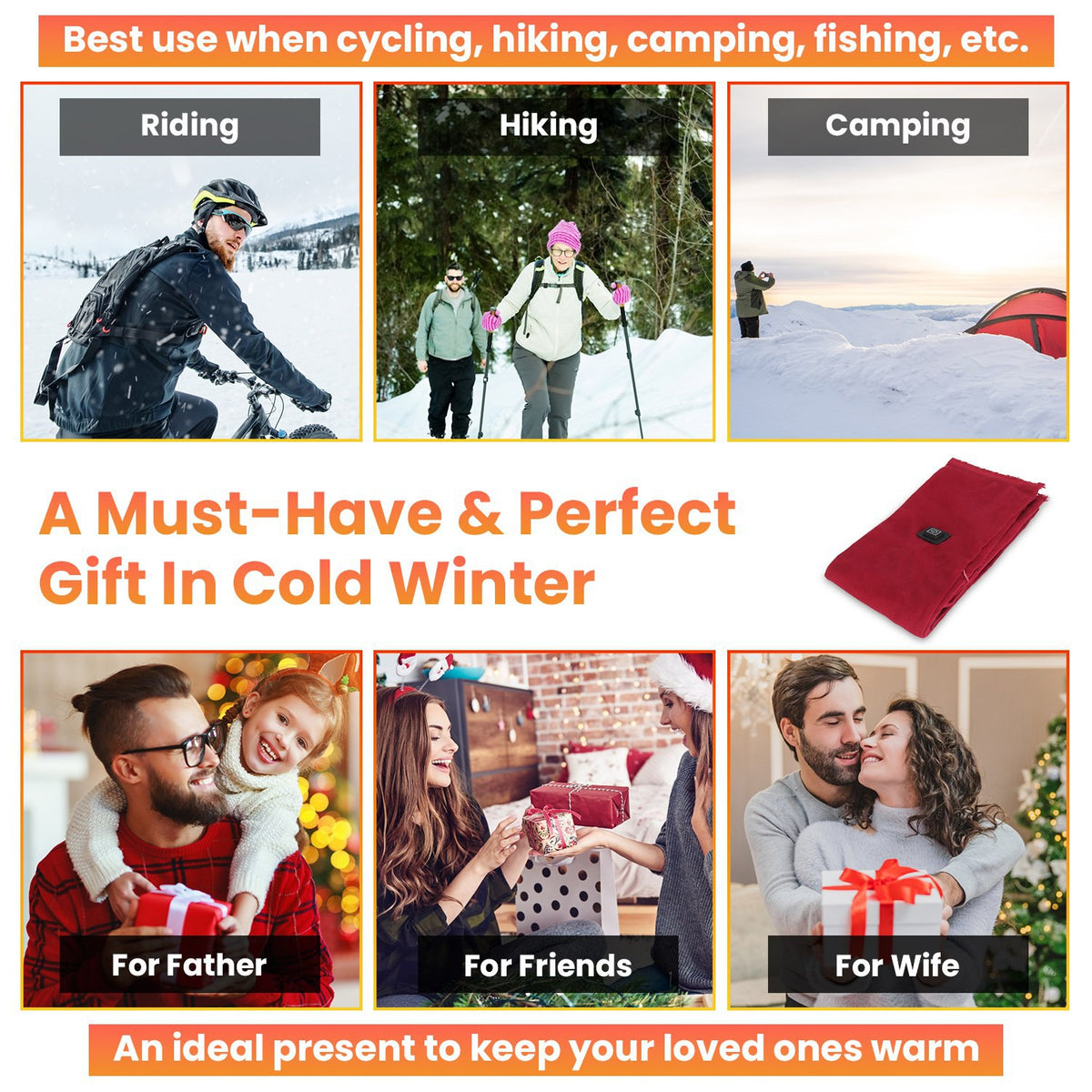 Heated scarf for cycling, hiking, camping and as a winter gift