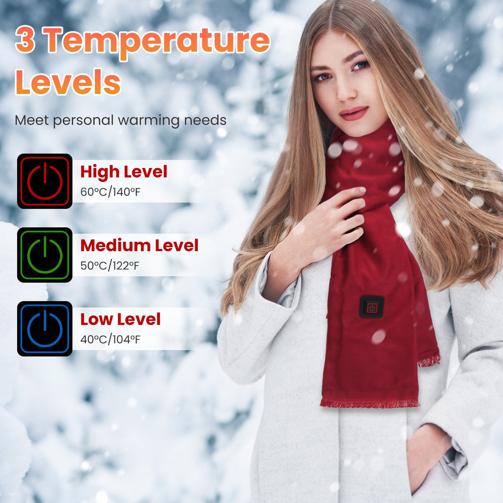 Heated scarf 3 temperature levels: low 104F, medium 122F, high 140F
