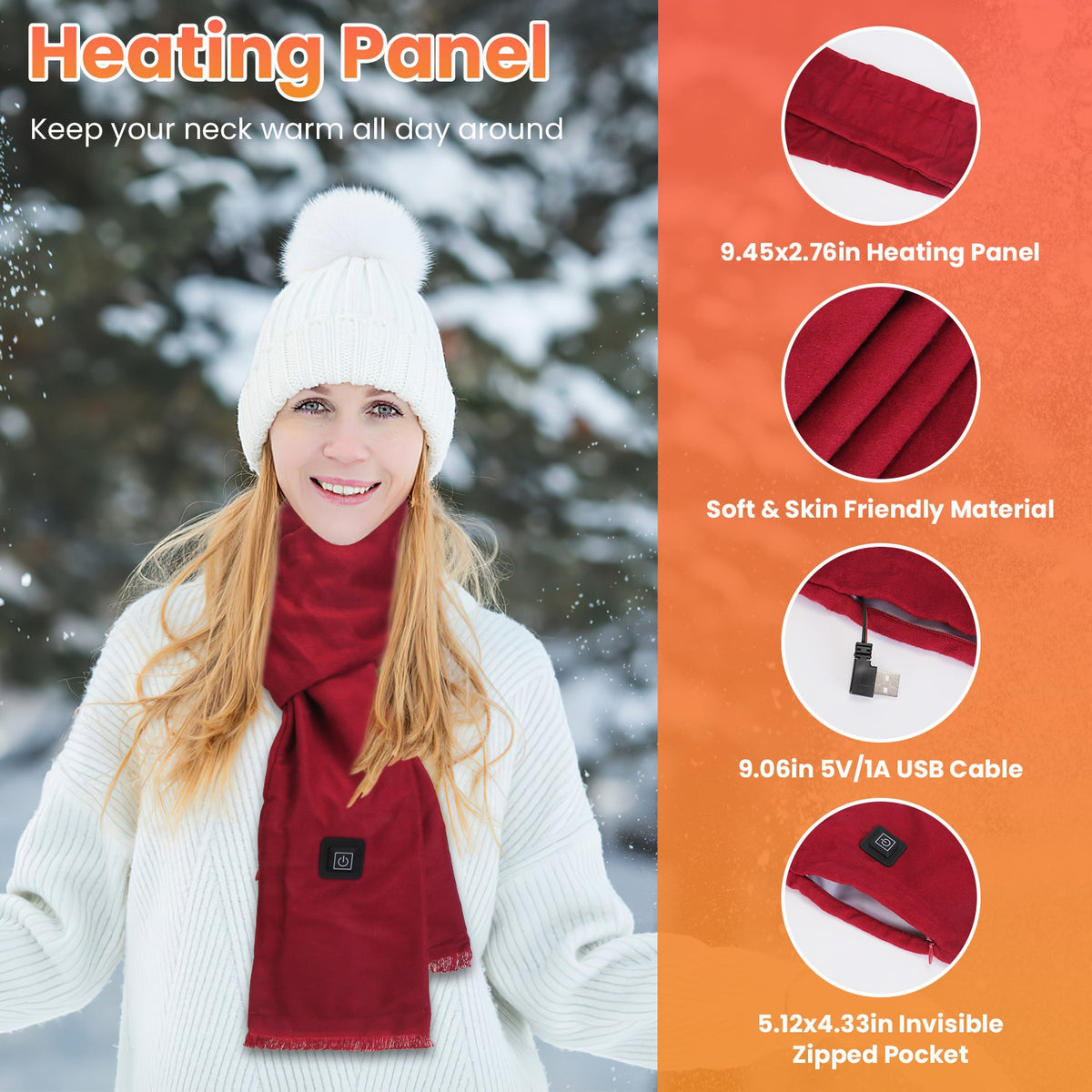 Heated scarf heating panel, USB cable and hidden zipped pocket
