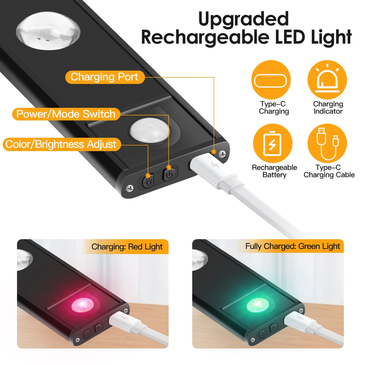 Closet light buttons, USB-C charging port and charging indicator