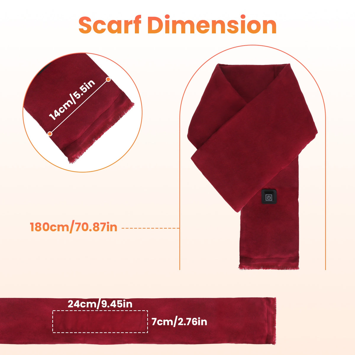 Heated scarf dimensions: 70.9 x 5.5 in with 9.45 x 2.76 in heating panel