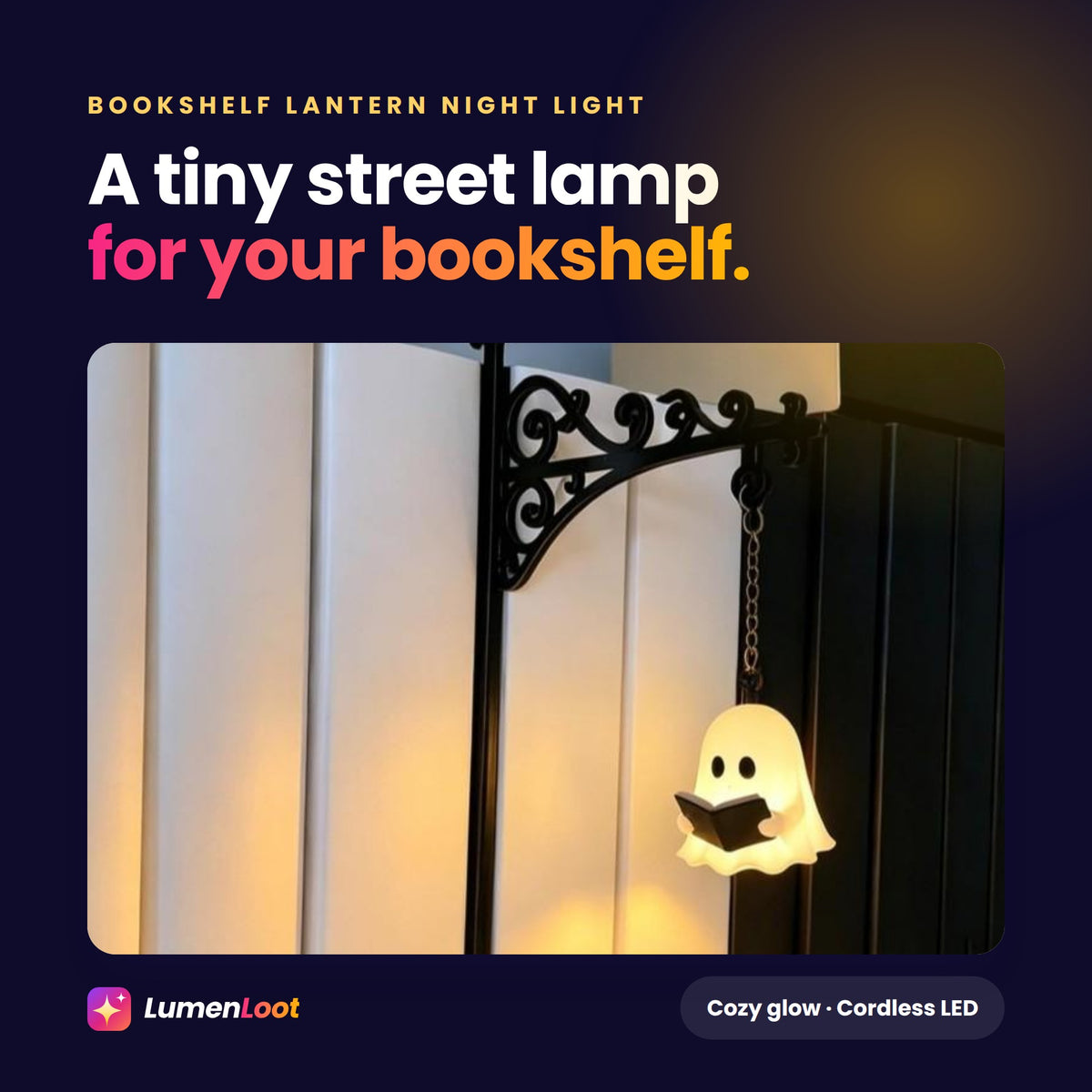 Bookshelf lantern night light with a glowing reading ghost hanging between books