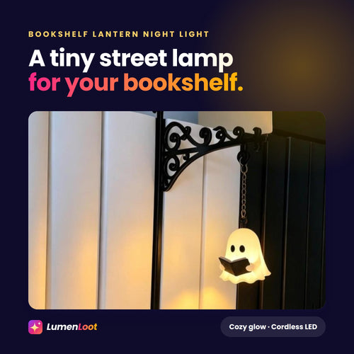 Bookshelf lantern night light with a glowing reading ghost hanging between books