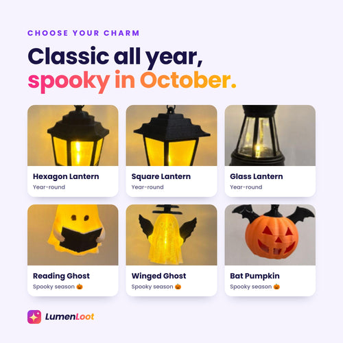 Choose your charm: hexagon, square and glass lanterns, reading ghost, winged ghost and bat pumpkin