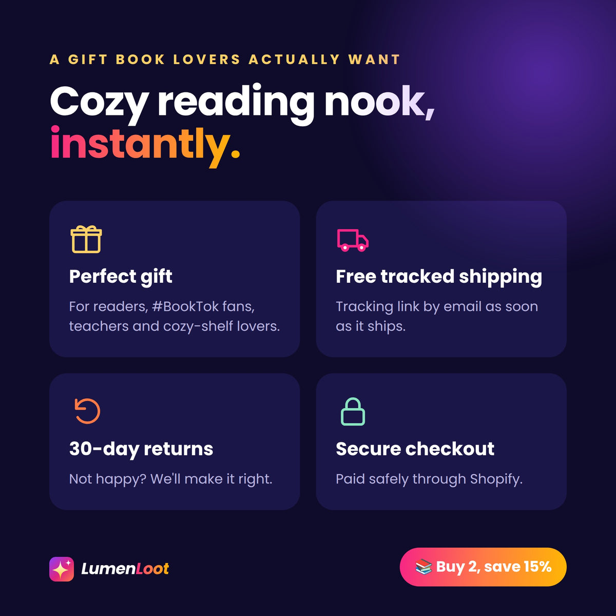 Bookshelf lantern gift for book lovers with free tracked shipping and 30-day returns