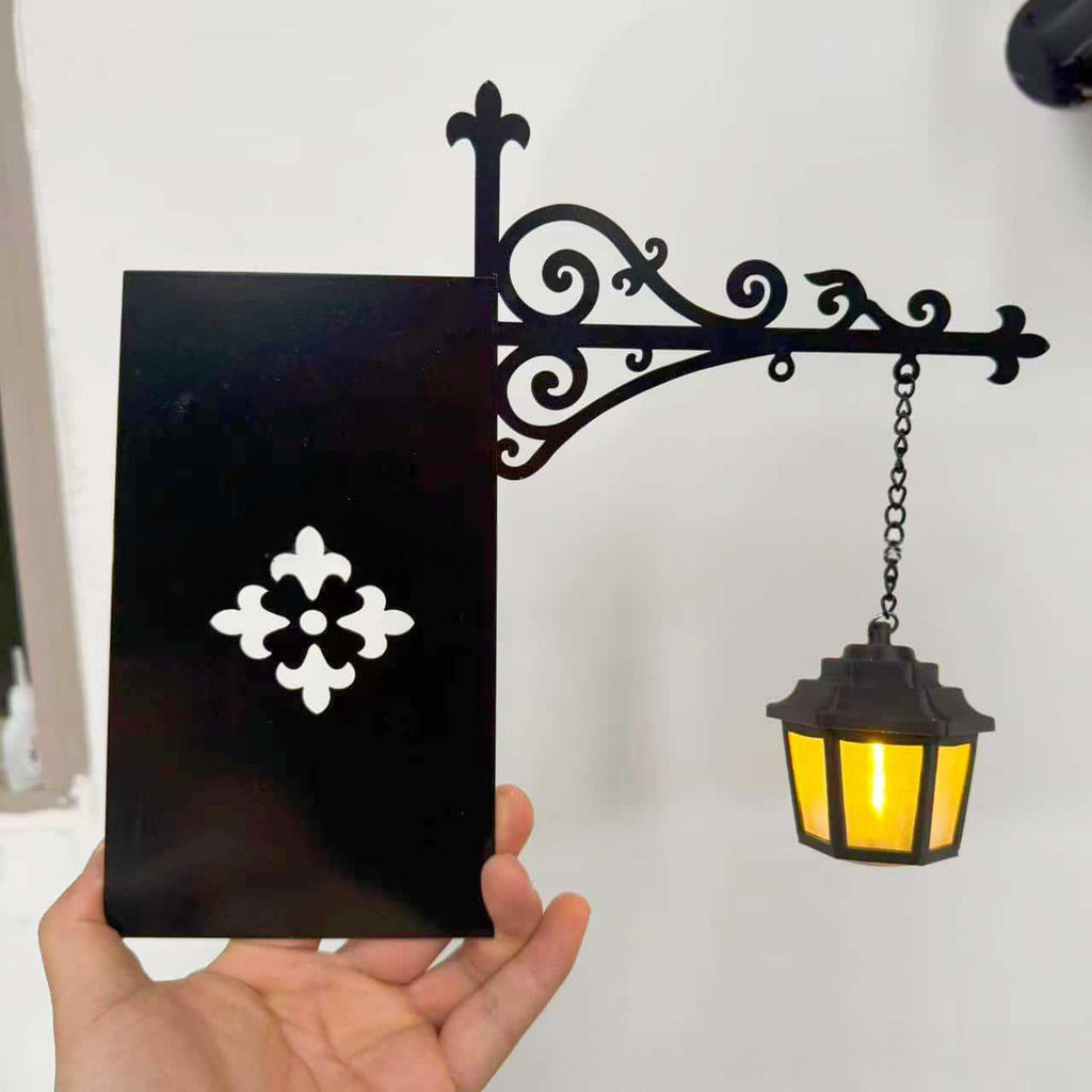 Hexagon lantern bookshelf insert with warm glow