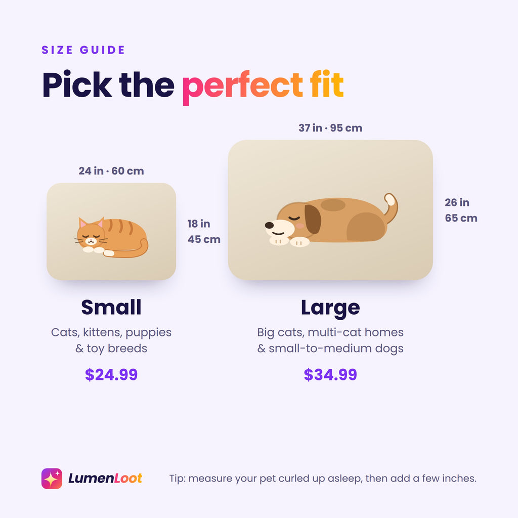 Pet bed size guide: small 18 x 24 in for cats and small pets, large 26 x 37 in for larger cats and small-to-medium dogs