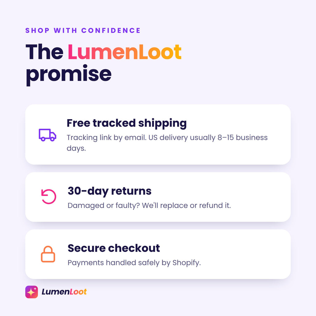 LumenLoot promise: free tracked shipping, 30-day returns, secure checkout