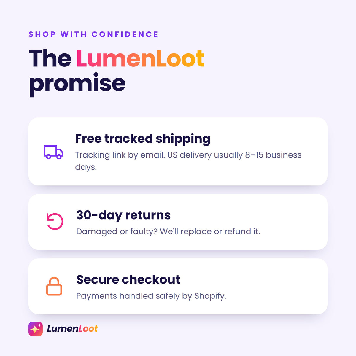 LumenLoot promise: free tracked shipping, 30-day returns, secure checkout