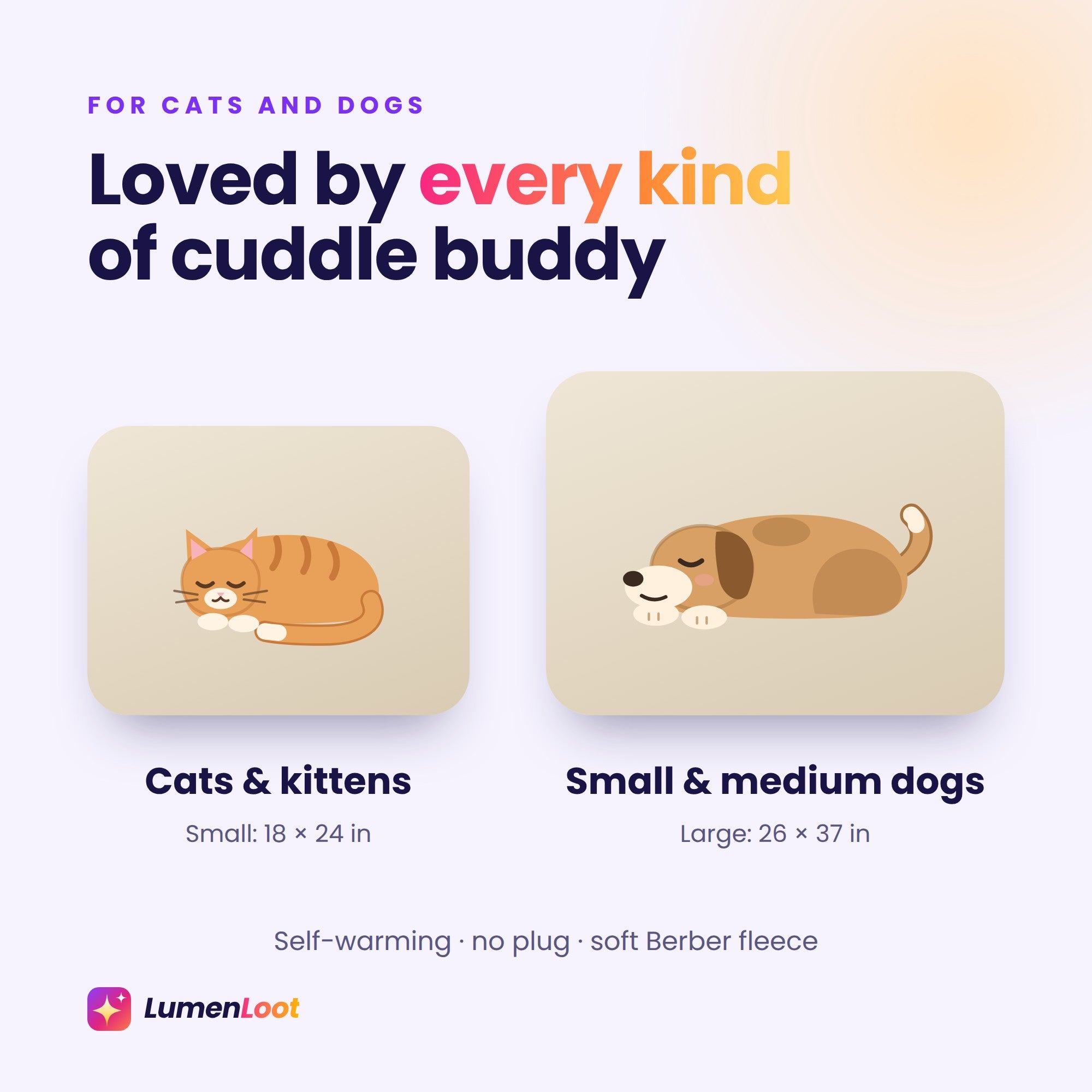Self-warming pet bed mats in beige with a cat on the small mat and a dog on the large mat