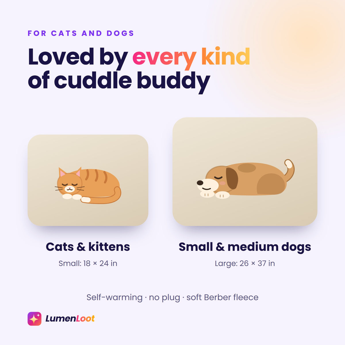 Self-warming pet bed mats in beige with a cat on the small mat and a dog on the large mat