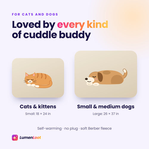 Self-warming pet bed mats in beige with a cat on the small mat and a dog on the large mat