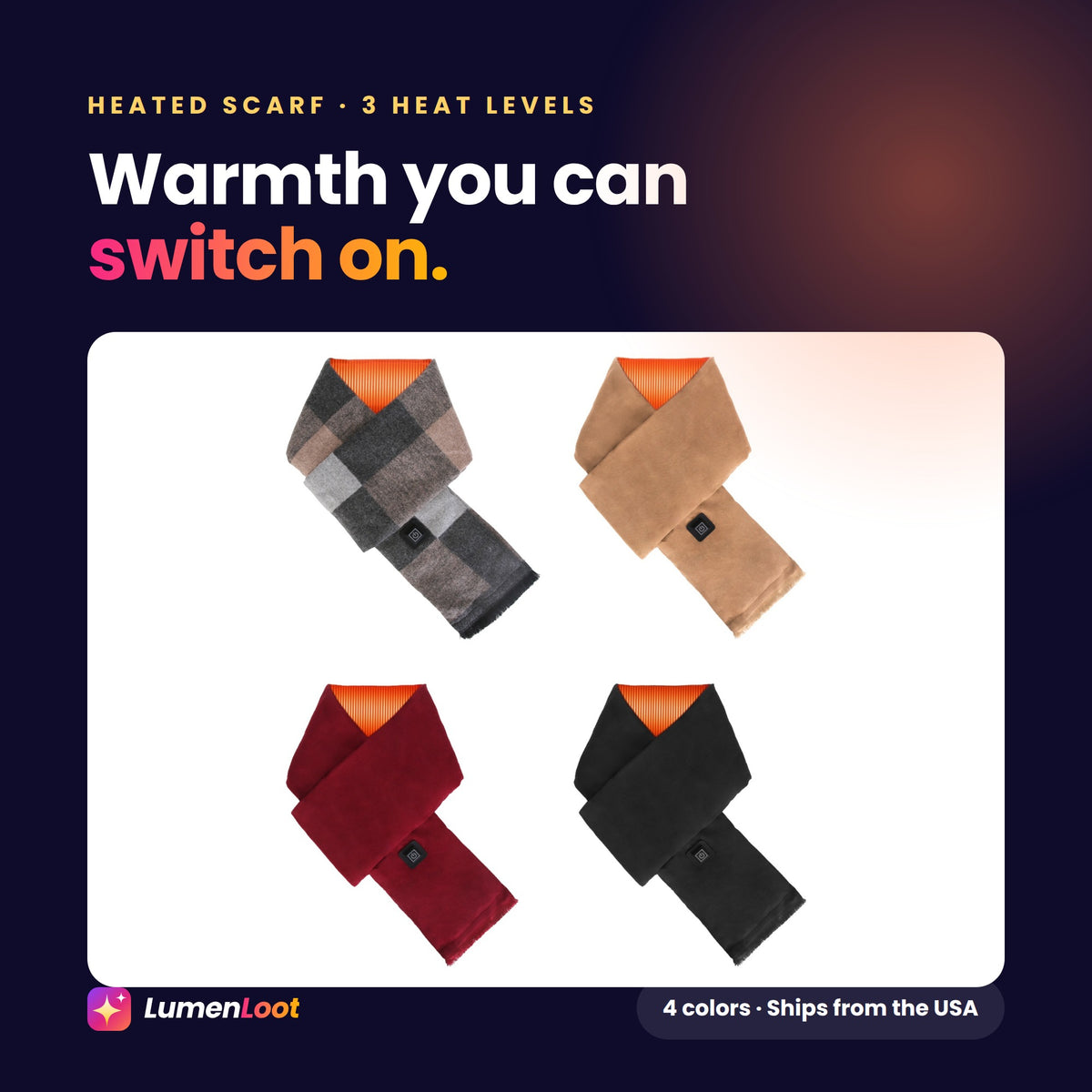 Heated scarf with 3 heat levels in black, camel, grey plaid and wine red