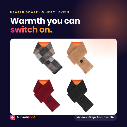 Heated scarf with 3 heat levels in black, camel, grey plaid and wine red